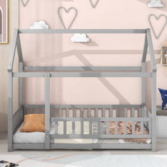 Twin Size Floor Wooden Bed With House Roof Frame, Fence Guardrails,Grey