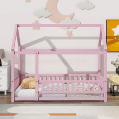 Twin Size Floor Wooden Bed With House Roof Frame, Fence Guardrails,Pink