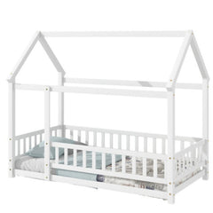 Twin Size Floor Wooden Bed With House Roof Frame, Fence Guardrails,White