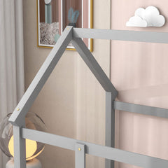 Twin Size Floor Wooden Bed With House Roof Frame, Fence Guardrails,Grey