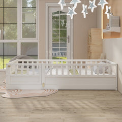 Twin Size Floor Bed, Integral Construction With Super High Security Barrier, Door, Children's Floor Bed Frame, Montessori Wooden Children's Floor Bed, Support Slat White