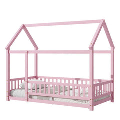 Twin Size Floor Wooden Bed With House Roof Frame, Fence Guardrails,Pink