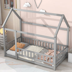 Twin Size Floor Wooden Bed With House Roof Frame, Fence Guardrails,Grey