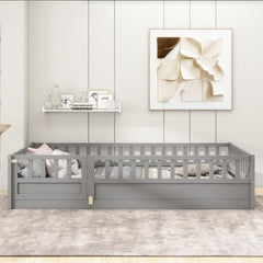 Twin Size Floor Bed, Integral Construction With Super High Security Barrier, Door, Children's Floor Bed Frame, Montessori Wooden Children's Floor Bed, Support Slat White