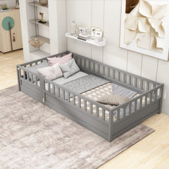 Twin Size Floor Bed, Integral Construction With Super High Security Barrier, Door, Children's Floor Bed Frame, Montessori Wooden Children's Floor Bed, Support Slat White