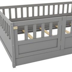 Twin Size Floor Bed, Integral Construction With Super High Security Barrier, Door, Children's Floor Bed Frame, Montessori Wooden Children's Floor Bed, Support Slat White