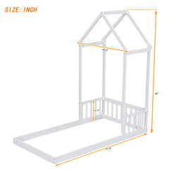 Twin House-shaped Roof Headboard Floor Bed,,without Slats,White