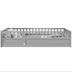 Twin Size Floor Bed, Integral Construction With Super High Security Barrier, Door, Children's Floor Bed Frame, Montessori Wooden Children's Floor Bed, Support Slat White