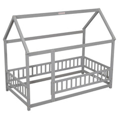 Twin Size Floor Wooden Bed With House Roof Frame, Fence Guardrails,Grey