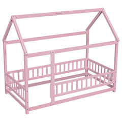Twin Size Floor Wooden Bed With House Roof Frame, Fence Guardrails,Pink