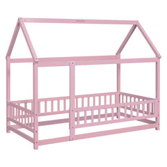 Twin Size Floor Wooden Bed With House Roof Frame, Fence Guardrails,Pink