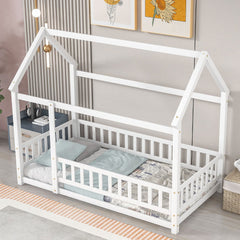 Twin Size Floor Wooden Bed With House Roof Frame, Fence Guardrails,White