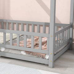 Twin Size Floor Wooden Bed With House Roof Frame, Fence Guardrails,Grey