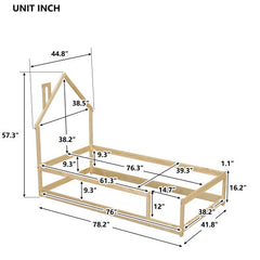 Twin Size Wood Bed With House-shaped Headboard Floor Bed With Fences,Natural