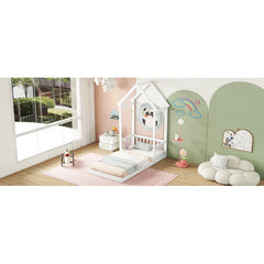 Twin House-shaped Roof Headboard Floor Bed,,without Slats,White