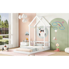 Twin House-shaped Roof Headboard Floor Bed,,without Slats,White