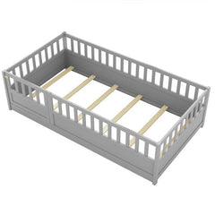 Twin Size Floor Bed, Integral Construction With Super High Security Barrier, Door, Children's Floor Bed Frame, Montessori Wooden Children's Floor Bed, Support Slat White