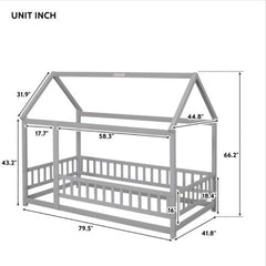 Twin Size Floor Wooden Bed With House Roof Frame, Fence Guardrails,Grey