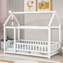 Twin Size Floor Wooden Bed With House Roof Frame, Fence Guardrails,Grey