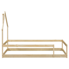 Twin Size Wood Bed With House-shaped Headboard Floor Bed With Fences,Natural