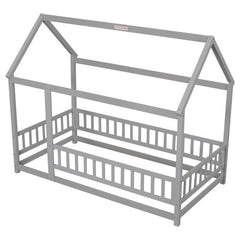 Twin Size Floor Wooden Bed With House Roof Frame, Fence Guardrails,Grey
