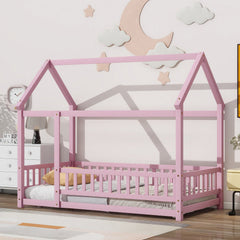 Twin Size Floor Wooden Bed With House Roof Frame, Fence Guardrails,Pink