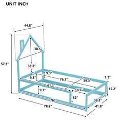 Twin Size Wood Bed With House-shaped Headboard Floor Bed With Fences,Light Blue