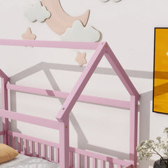 Twin Size Floor Wooden Bed With House Roof Frame, Fence Guardrails,Pink